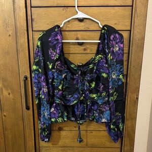 Floral Ruched Tie-Front Long Sleeve Top - Black with Purple & Blue Flowers